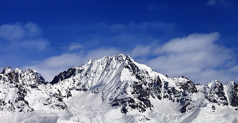 Image showing Panoramic view on snowy mountains at sun day