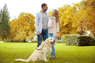 Image showing happy couple with labrador dog walking in city