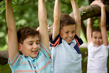 Image showing close up of kids hanging on tree in summer park