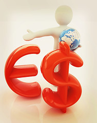 Image showing 3d people - man, person presenting - euro and dollar with global