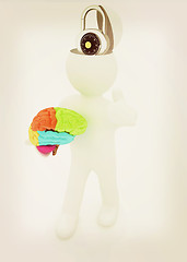 Image showing 3d people - man with half head, brain and trumb up. The concept 