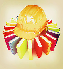 Image showing Colorful books and hard hat . 3D illustration. Vintage style.