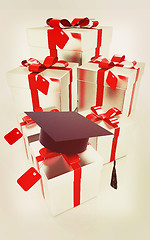 Image showing graduation hat and gifts on a white background . 3D illustration