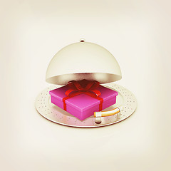 Image showing Illustration of a luxury gift on restaurant cloche. 3D illustrat