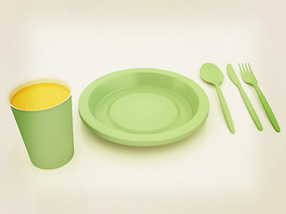 Image showing Fast-food disposable tableware. 3D illustration. Vintage style.