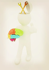 Image showing 3d people - man with half head, brain and trumb up. Service conc