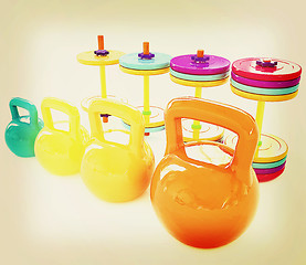 Image showing Colorful weights and dumbbells . 3D illustration. Vintage style.