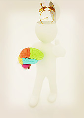 Image showing 3d people - man with half head, brain and trumb up. Time concept