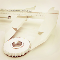 Image showing Vernier caliper measures the cogwheel . 3D illustration. Vintage