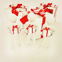 Image showing 3d mans and gifts with red ribbon. 3D illustration. Vintage styl