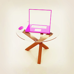 Image showing pink laptop on an exclusive table. 3D illustration. Vintage styl