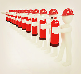 Image showing 3d mans in hardhat with red fire extinguisher . 3D illustration.