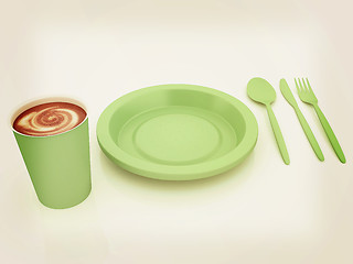 Image showing Fast-food disposable tableware. 3D illustration. Vintage style.