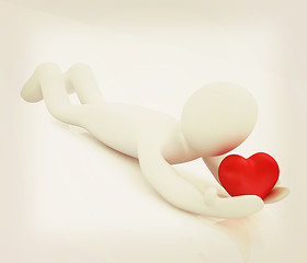 Image showing 3D human lying and holds heart. 3D illustration. Vintage style.