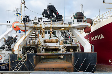 Image showing back of a big fishingboat in the harbour