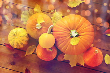 Image showing close up of pumpkins on wooden table at home