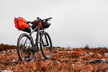 Image showing Bicycle with orange bags for travel