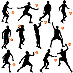 Image showing Black silhouettes of men playing basketball on a white backgroun