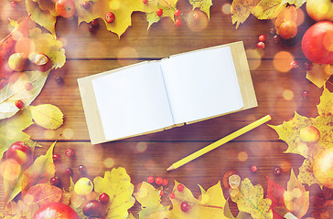 Image showing empty note book with pencil and autumn leaves