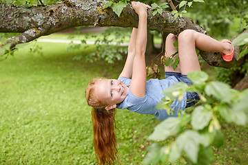 Image showing happy little girl hanging on tree in summer park