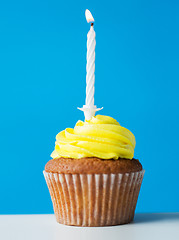 Image showing birthday cupcake with one burning candle