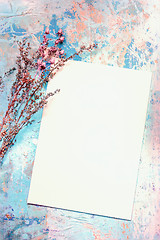 Image showing Blank Card And Dried Flowers On Old Painted Wooden Backgroun