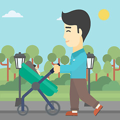 Image showing Father walking with his baby in stroller.