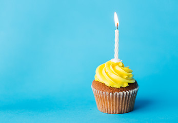 Image showing birthday cupcake with one burning candle