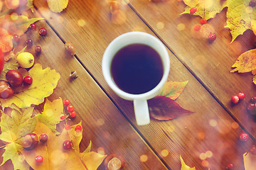 Image showing close up of tea cup on table with autumn leaves