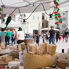 Image showing Cheese market. Large selection of cheeses.