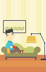 Image showing Man lying with cup of tea vector illustration.