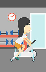 Image showing Woman riding stationary bicycle.