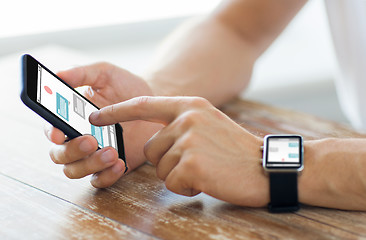 Image showing close up of hands with smart phone and watch