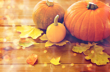 Image showing close up of pumpkins on wooden table at home