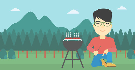 Image showing Man cooking meat on barbecue vector illustration.