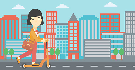 Image showing Woman riding kick scooter vector illustration.