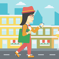 Image showing Woman walking with smartphone vector illustration.