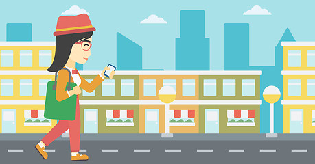 Image showing Woman walking with smartphone vector illustration.