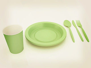 Image showing Fast-food disposable tableware. 3D illustration. Vintage style.