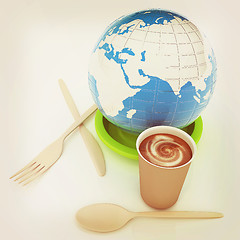 Image showing Coffe in fast-food disposable tableware and earth. 3D illustrati