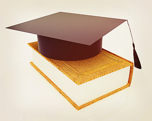 Image showing Graduation hat on a leather book. 3D illustration. Vintage style