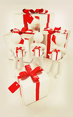 Image showing 3d mans and gifts with red ribbon. 3D illustration. Vintage styl