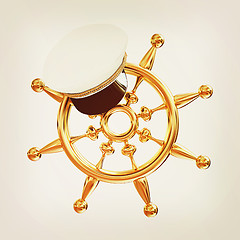 Image showing Marine cap on gold marine steering wheel . 3D illustration. Vint