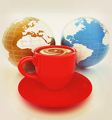 Image showing Mug of coffee with milk. Global concept with Earth. 3D illustrat