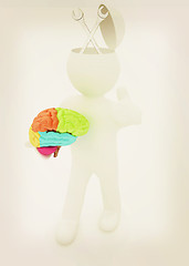 Image showing 3d people - man with half head, brain and trumb up. Service conc