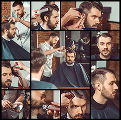 Image showing Barber at work. Collage from images of barbershop