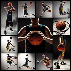 Image showing Collage of basketball photos - ball in hands and male player