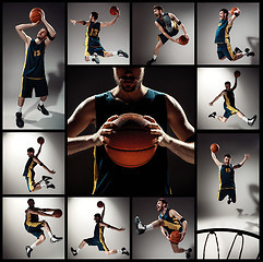Image showing Collage of basketball photos - ball in hands and male player