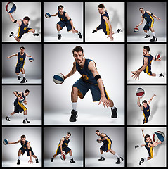 Image showing Collage of basketball photos - ball in hands and male player