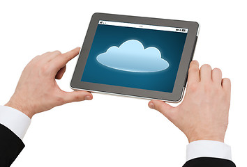 Image showing close up of hands with cloud icon on tablet pc